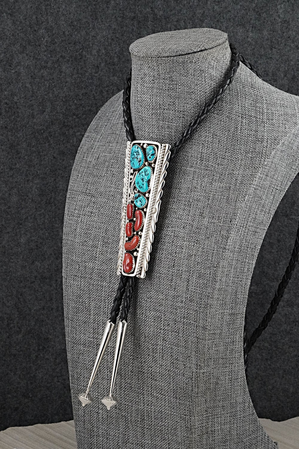 Turquoise, Coral & Sterling Silver Bolo Tie - Martin Muskett