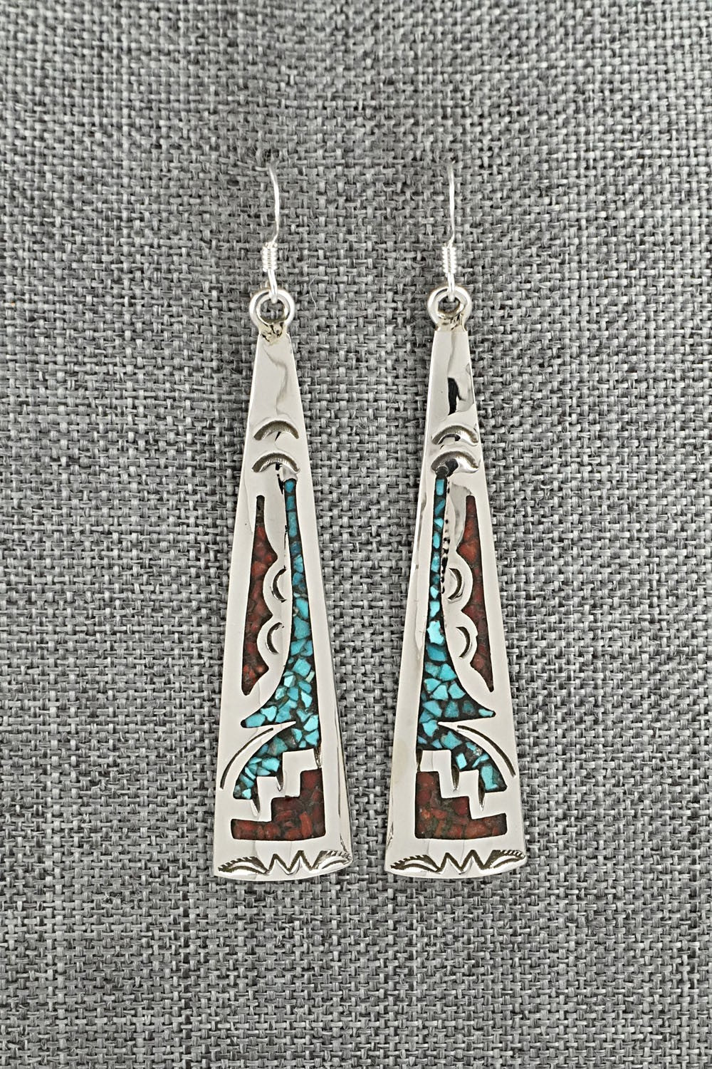 Turquoise, Coral Chip & Sterling Silver Earrings - Joleen Yazzie