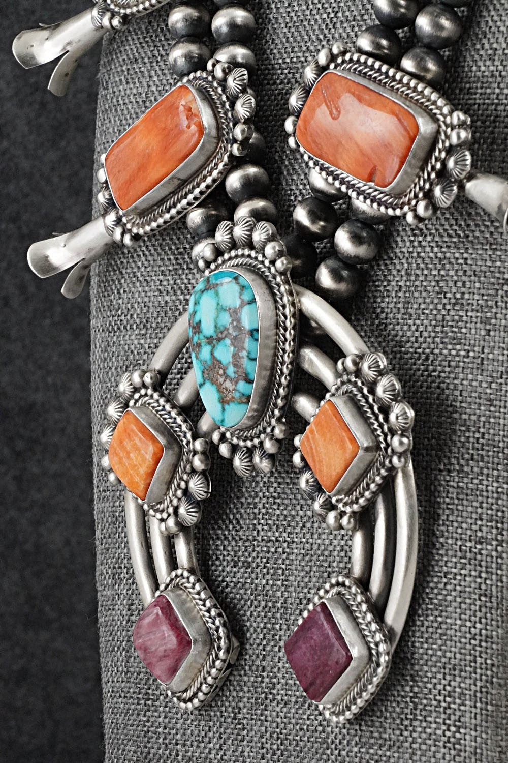 Turquoise, Spiny Oyster & Sterling Silver Squash Blossom Necklace - Tom Lewis