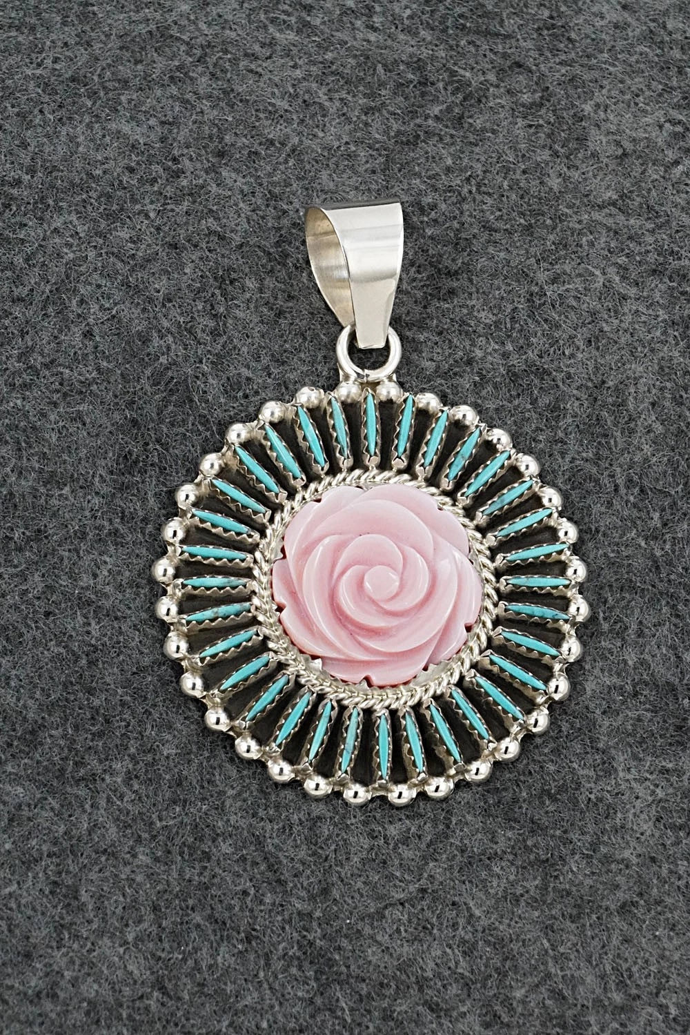 Turquoise, Pink Conch & Sterling Silver Pendant - Roland Francisco