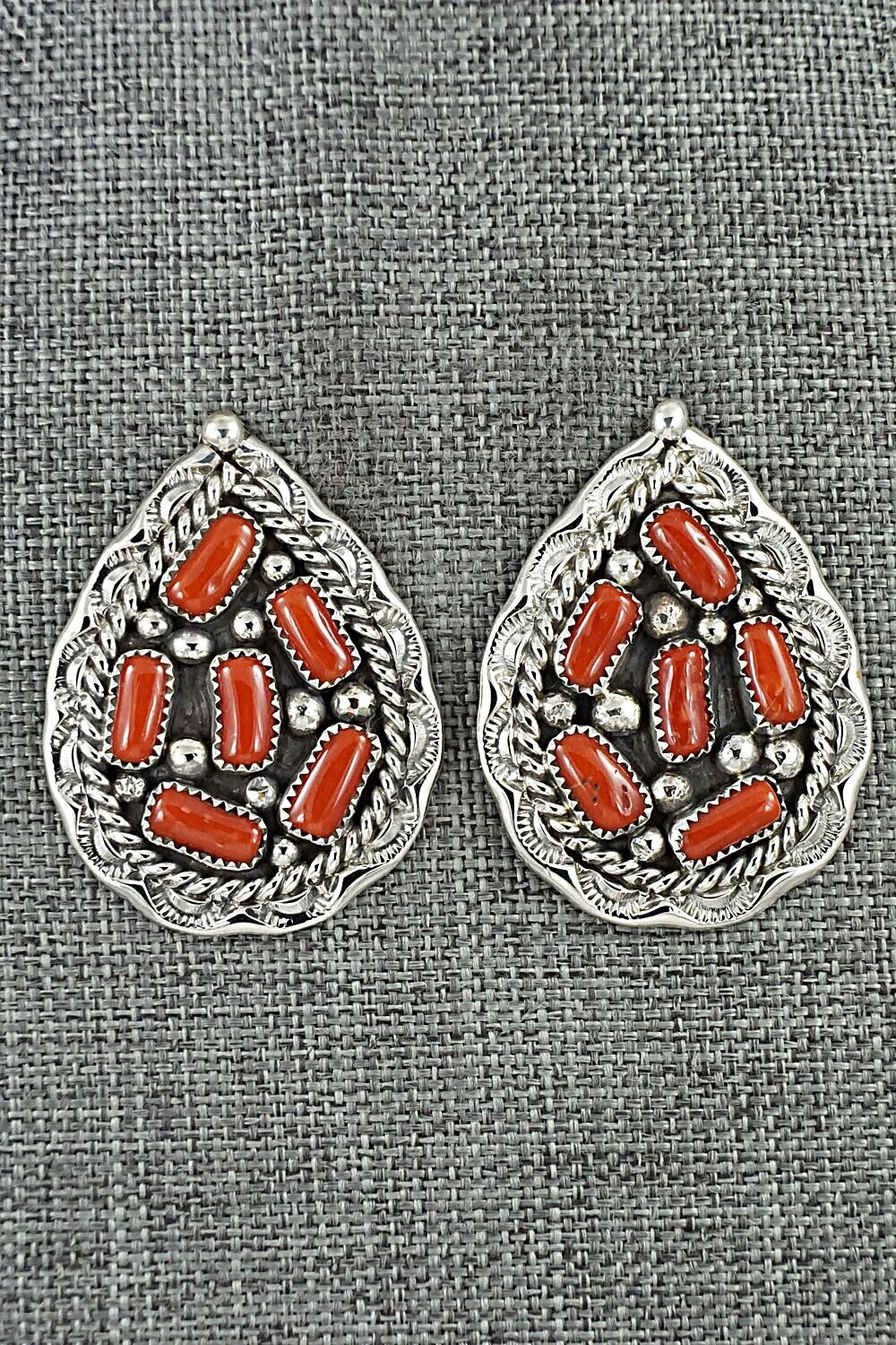Coral & Sterling Silver Earrings - Chester Charley