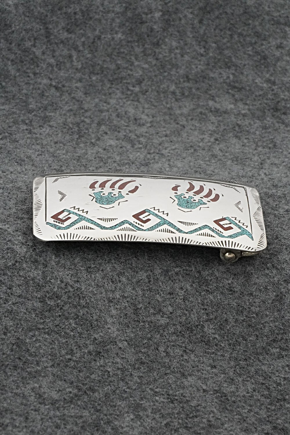 Turquoise, Coral Chip Inlay & Sterling Silver Belt Buckle - Raymond Begay