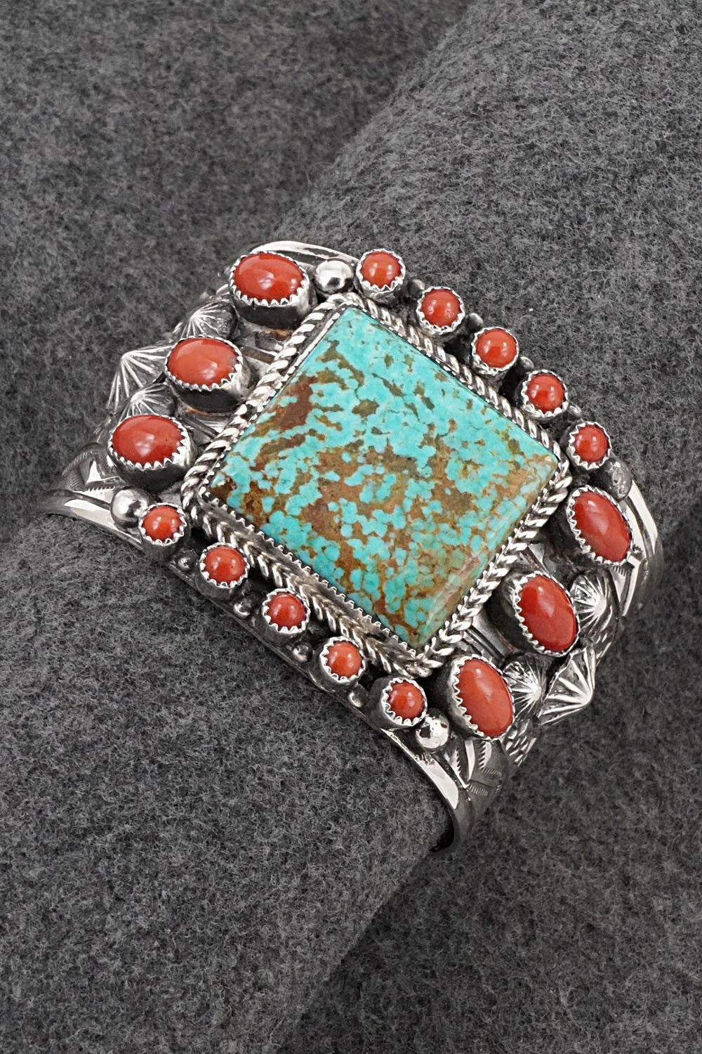 Turquoise, Coral & Sterling Silver Bracelet - Tillie Jon