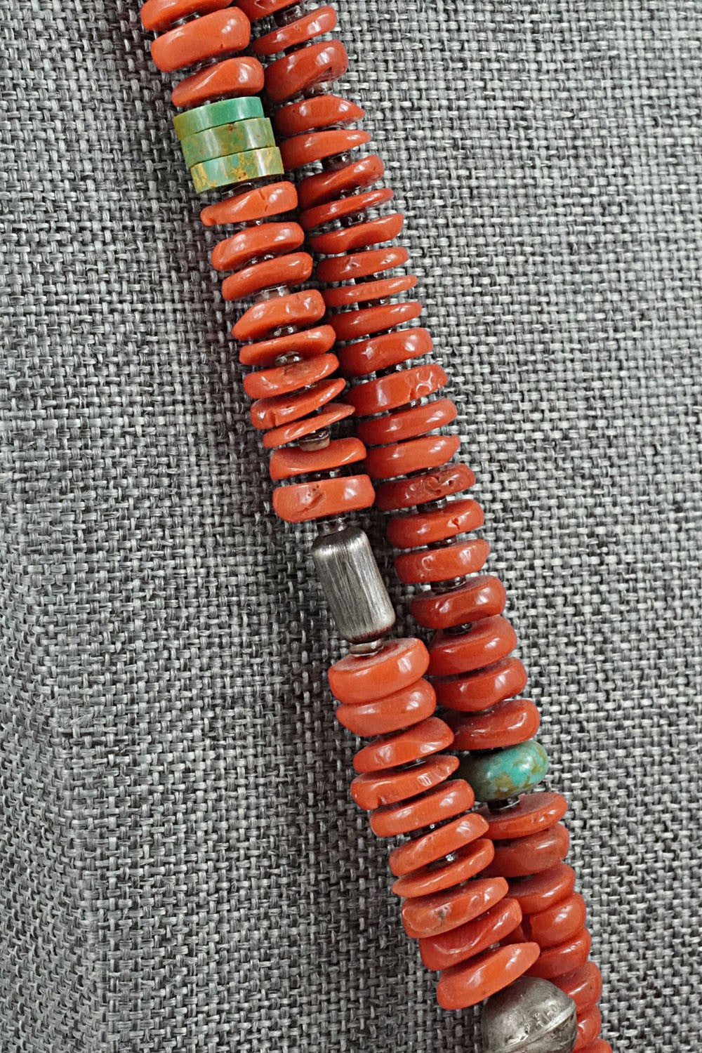Coral, Turquoise & Sterling Silver Necklace 36" - Helen Tsosie