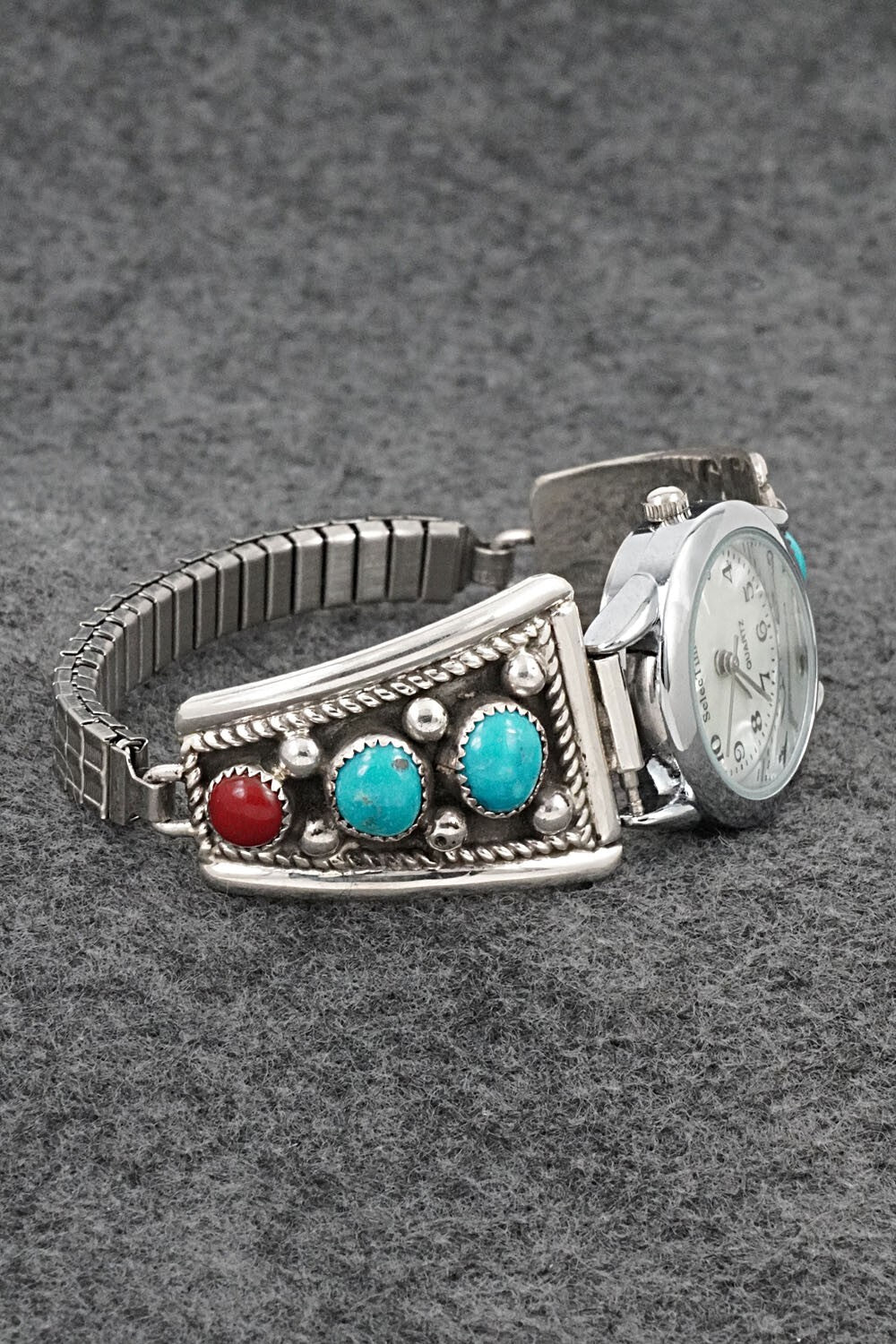 Turquoise, Coral & Sterling Silver Watch Bracelet - Paul Largo