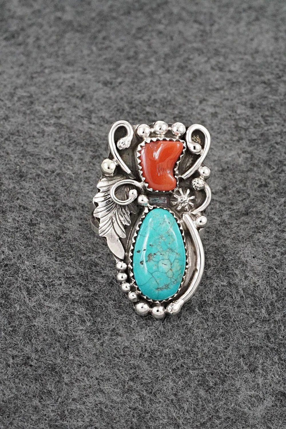 Turquoise, Coral & Sterling Silver Ring - Herbert Begaye - Size 9.5