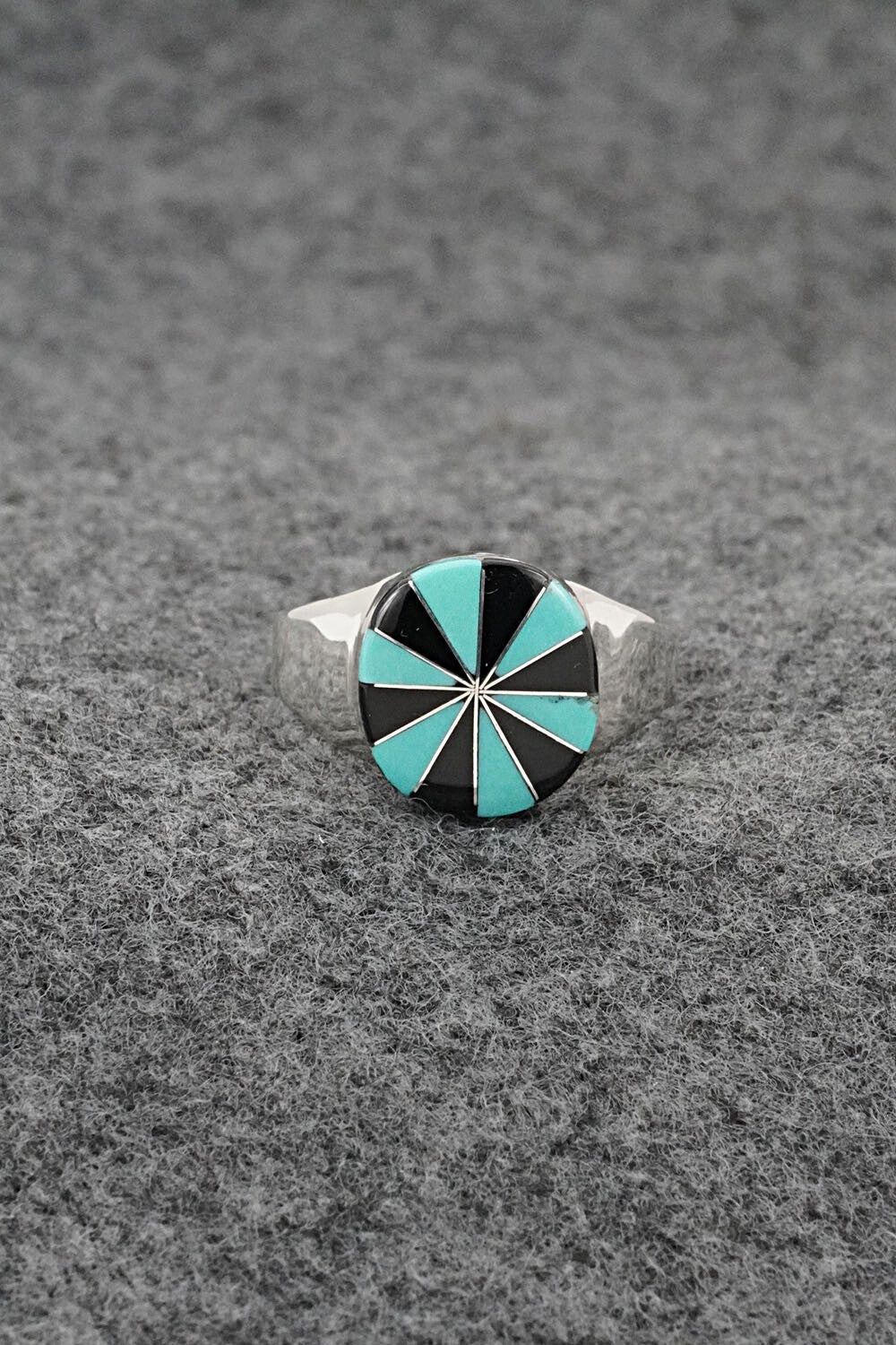 Turquoise, Onyx & Sterling Silver Inlay Ring - Johnson Laweka - Size 8