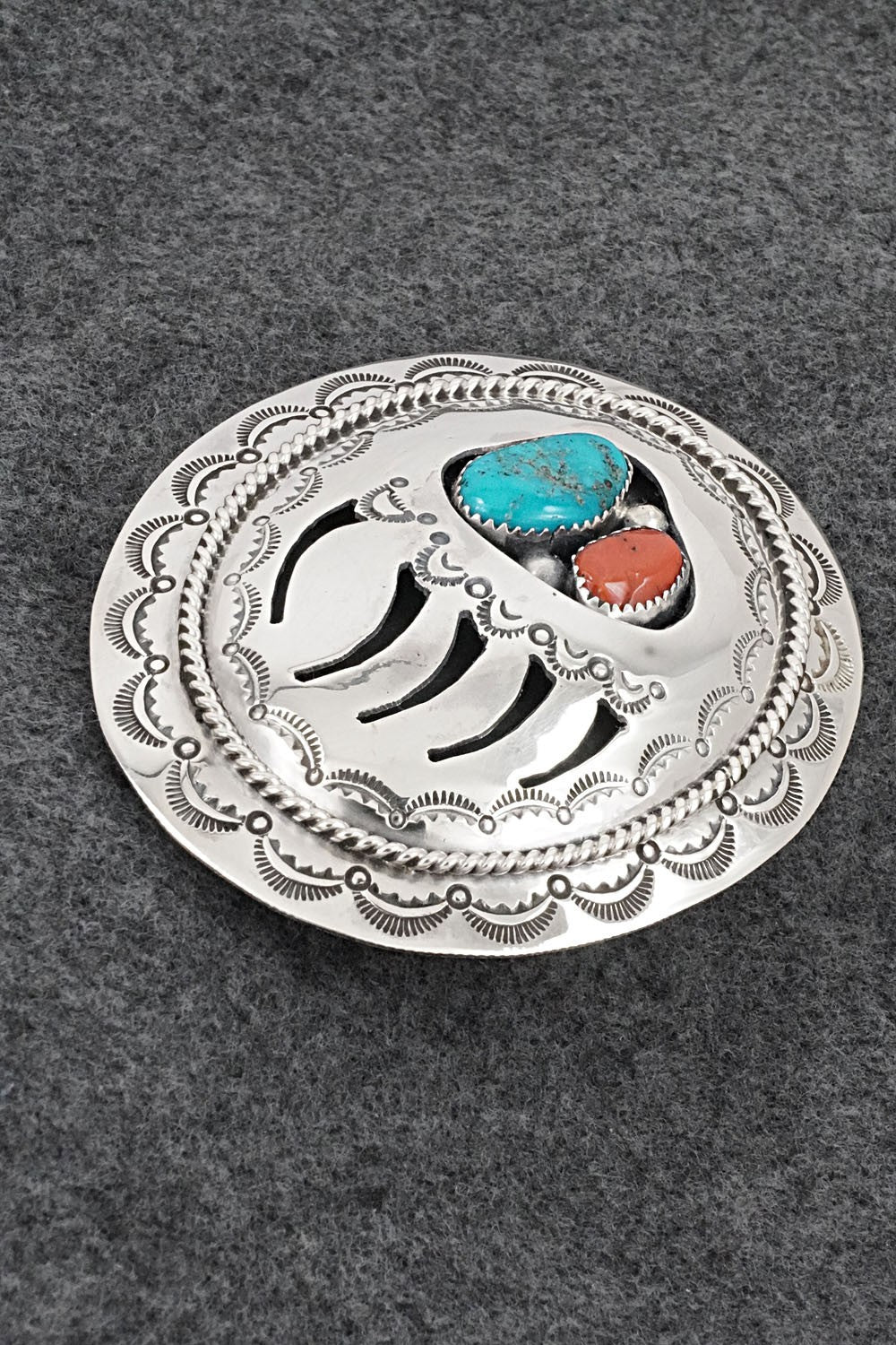 Turquoise, Coral & Sterling Silver Belt Buckle - Wilbert Muskett Sr.