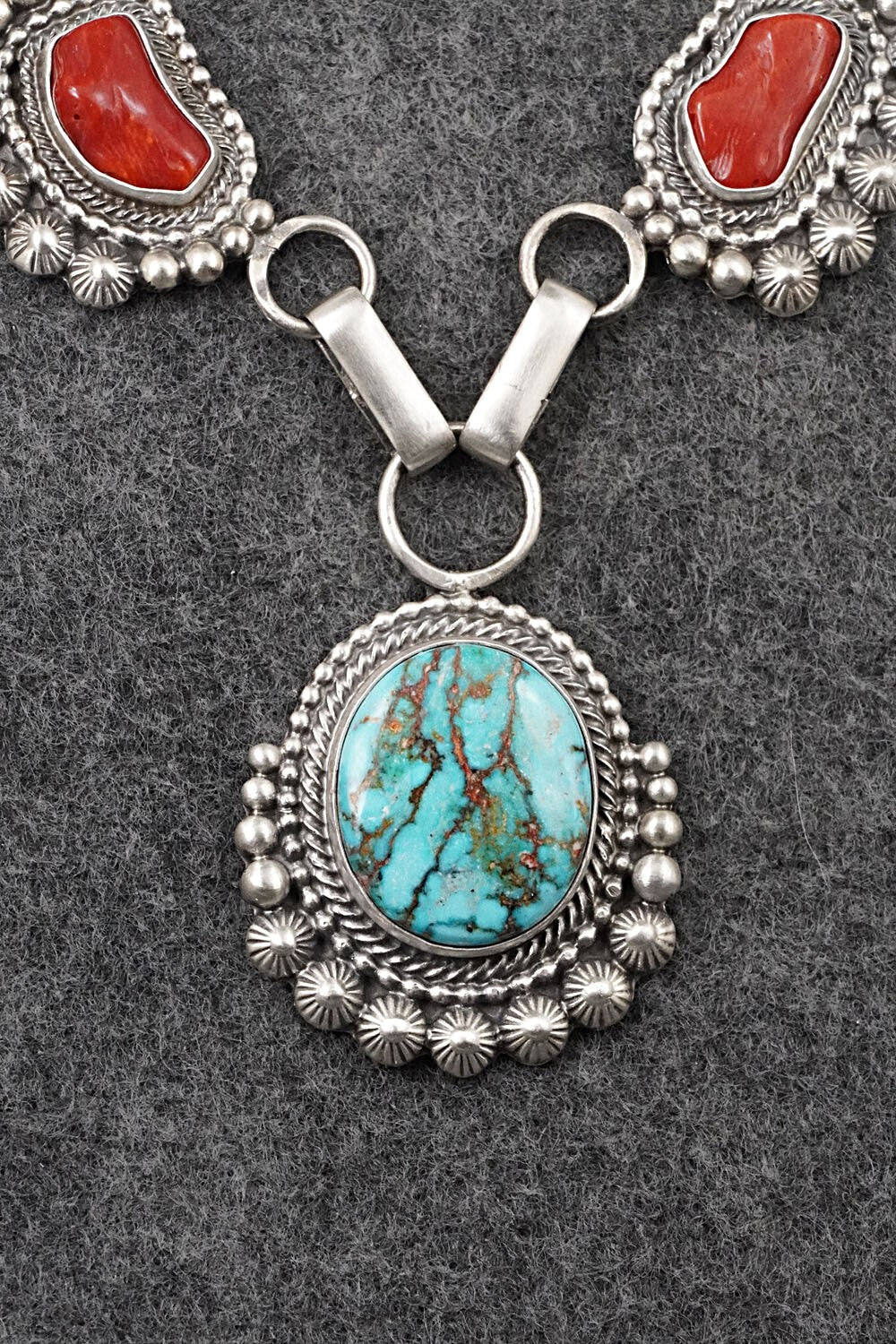Turquoise, Coral & Sterling Silver Necklace and Earrings Set - Tom Lewis