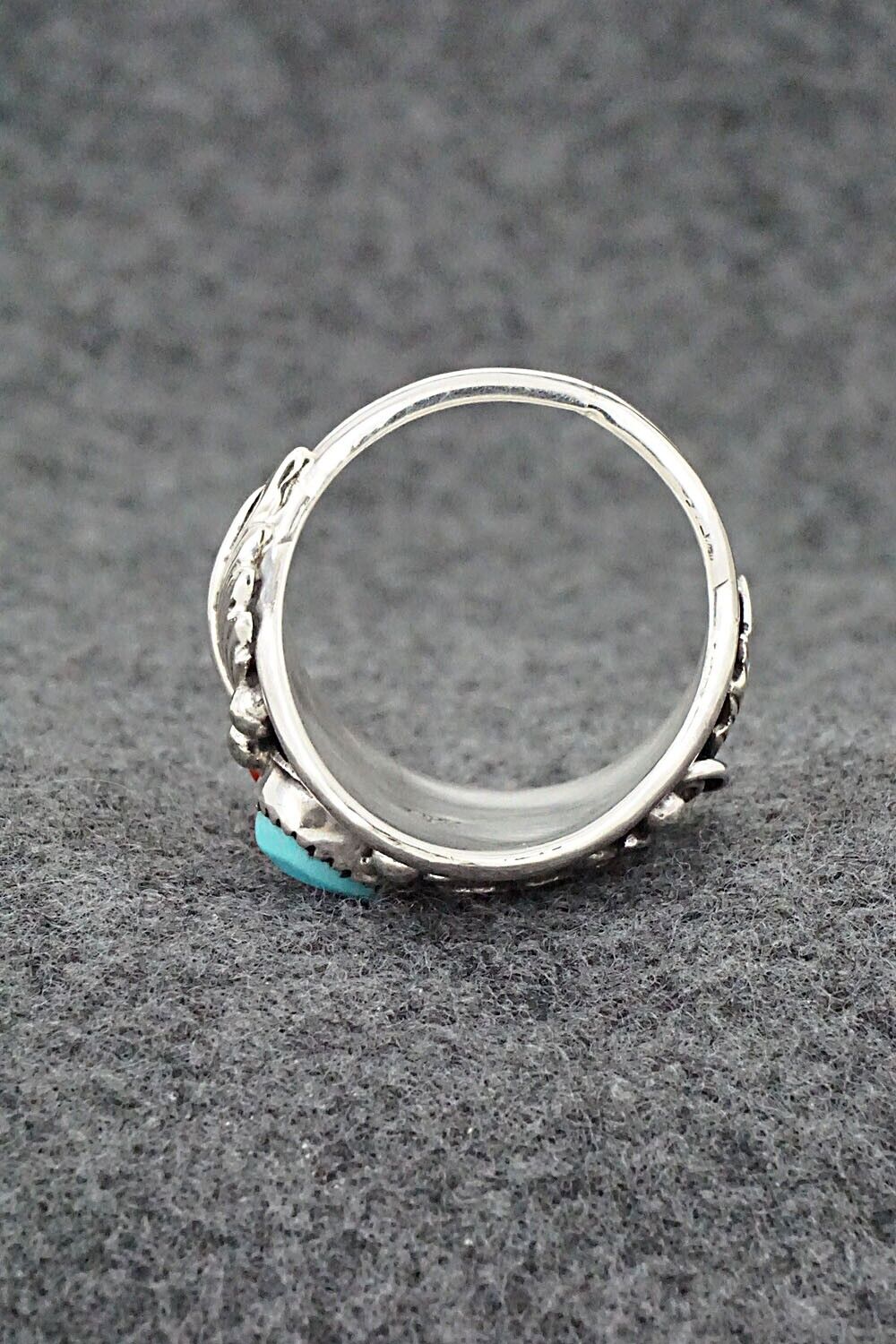 Turquoise, Coral & Sterling Silver Ring - Jeannette Saunders - Size 13.5