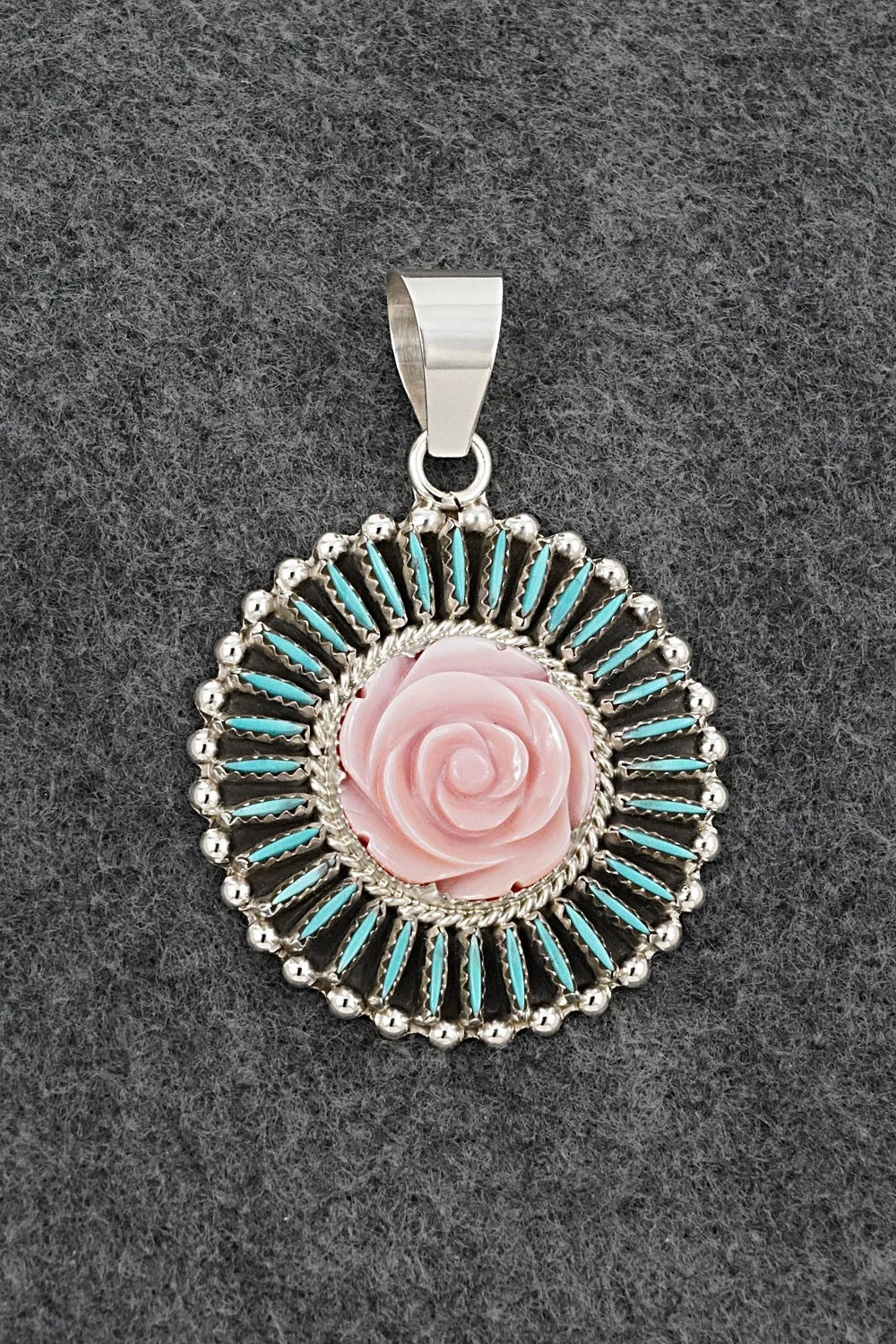 Turquoise, Pink Conch & Sterling Silver Pendant - Roland Francisco