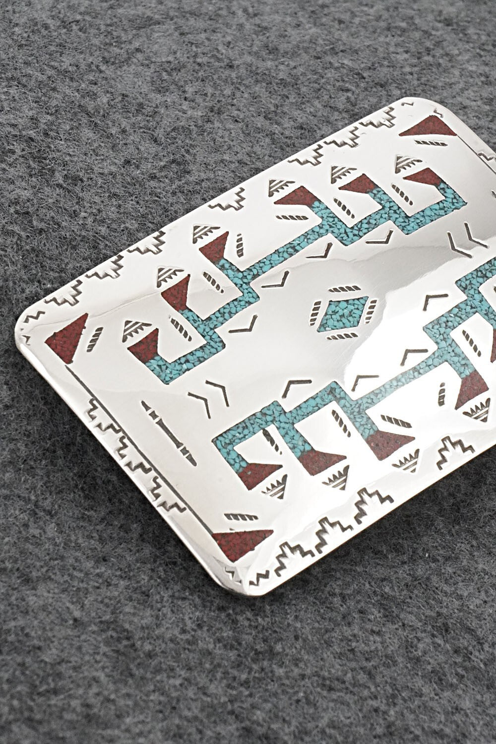 Turquoise, Coral Chip Inlay & Sterling Silver Belt Buckle - Raymond Begay