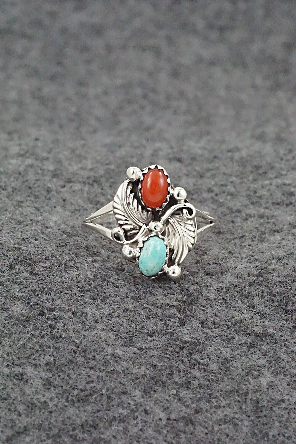 Turquoise, Coral & Sterling Silver Ring - Harris Largo - Size 9
