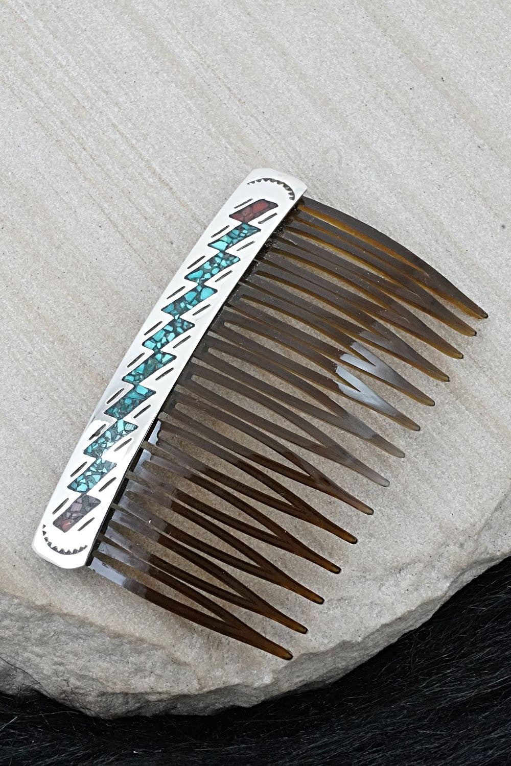 Turquoise, Coral Chip Inlay & Sterling Silver Hair Combs - Joleen Yazzie