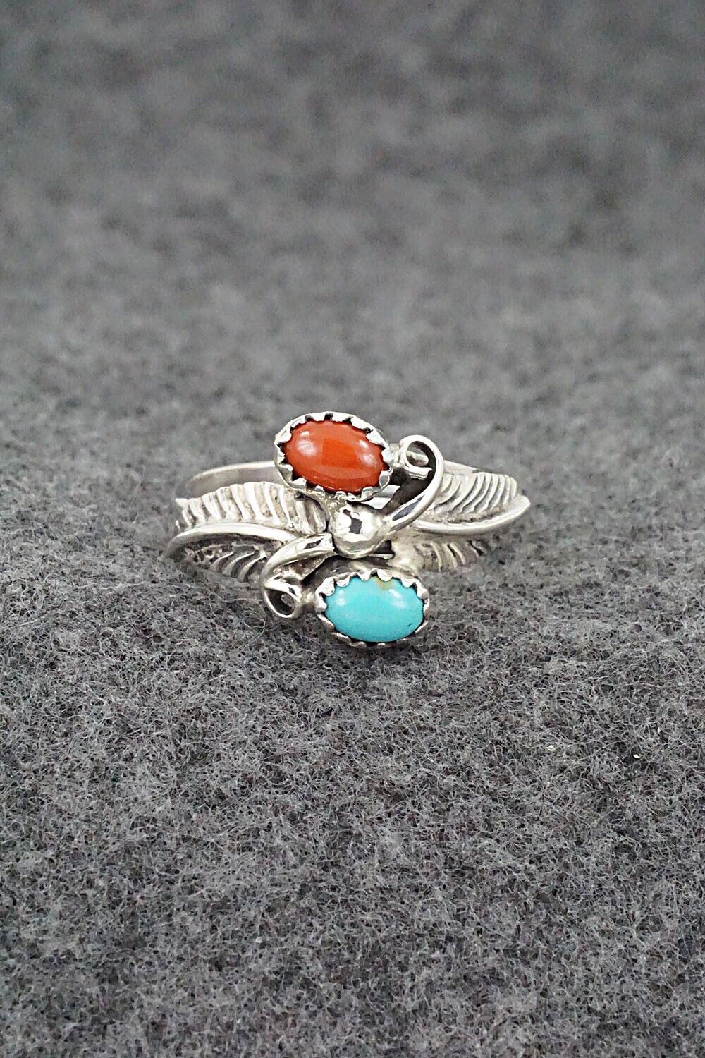Turquoise, Coral & Sterling Silver Ring - Harry B. Yazzie - Size 8