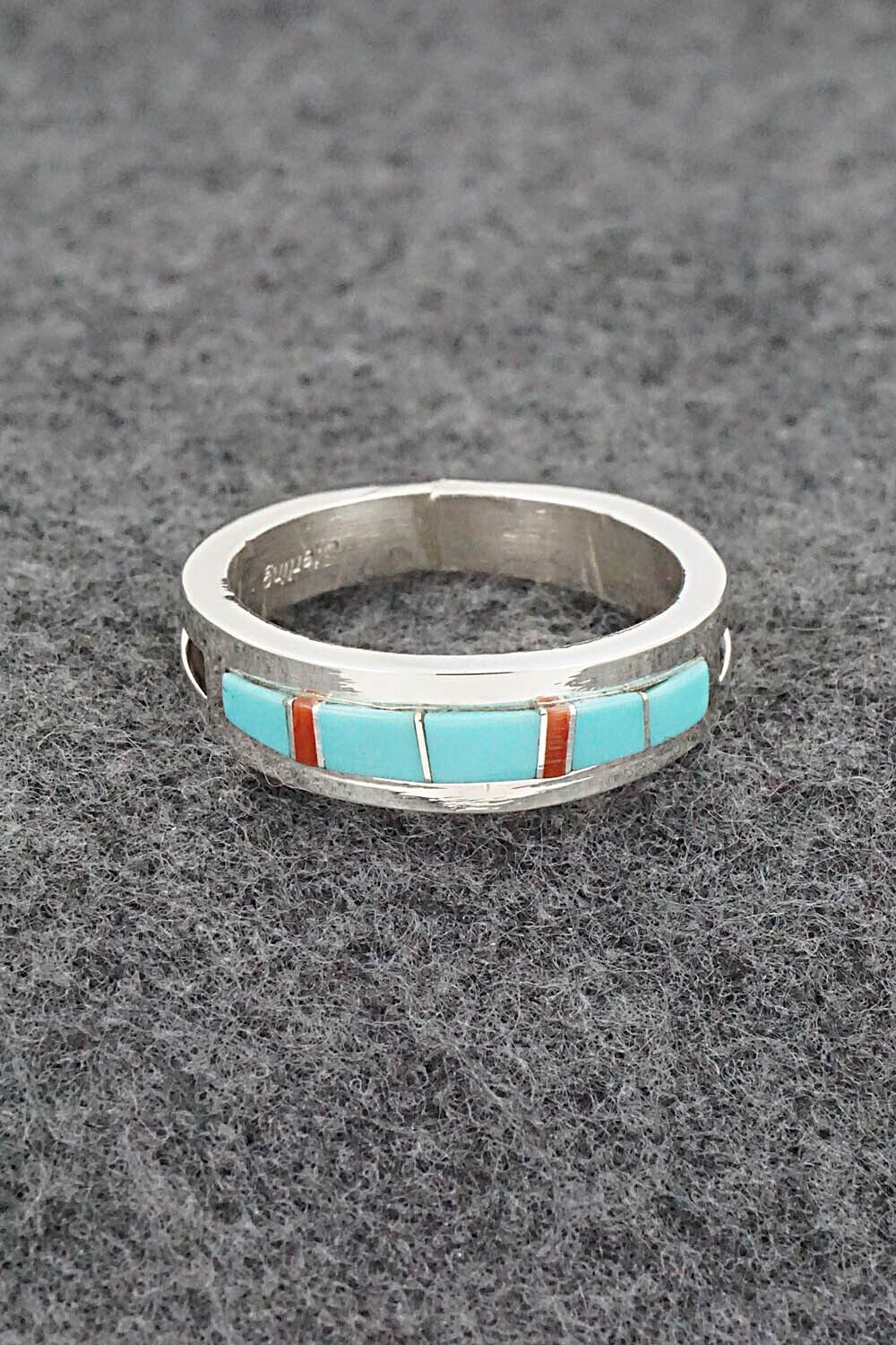 Turquoise, Coral & Sterling Silver Ring - Wilbert Muskett - Size 10.5