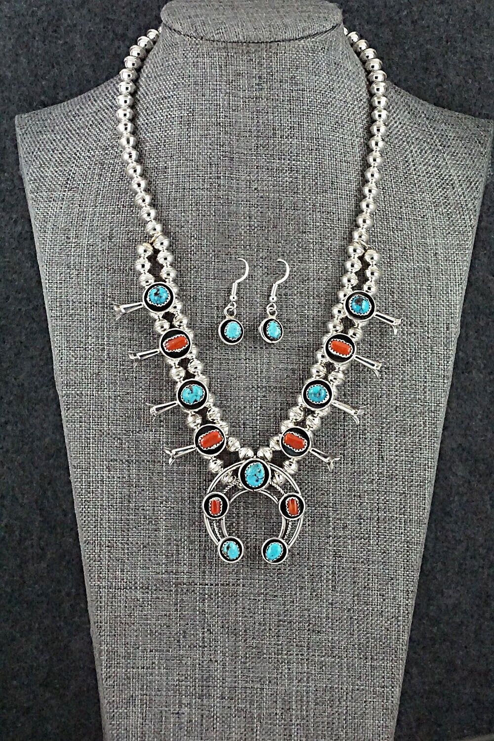 Turquoise, Coral & Sterling Silver Mini Squash Blossom Set - Phil Garcia