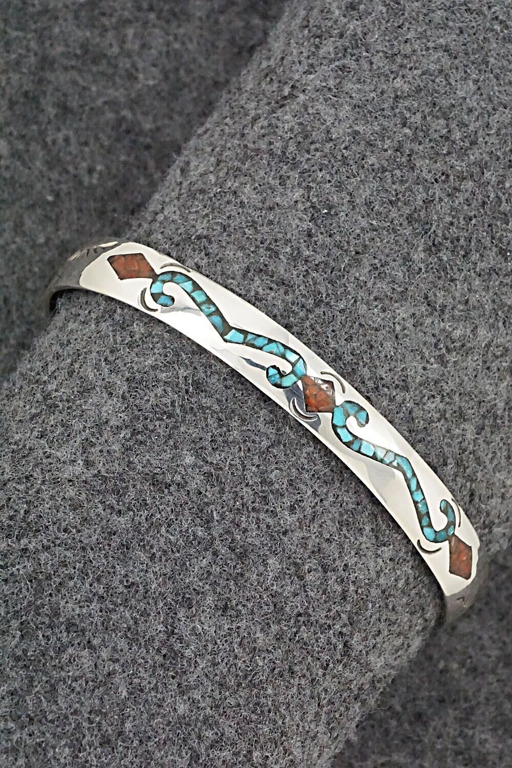 Turquoise, Coral & Sterling Silver Inlay Bracelet - Jolene Yazzie