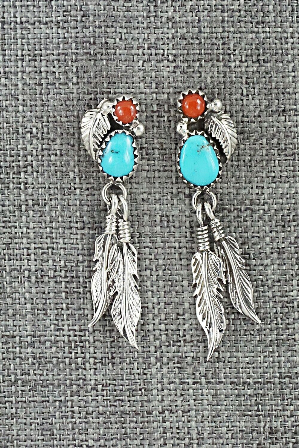 Turquoise, Coral & Sterling Silver Earrings - Marie Jones