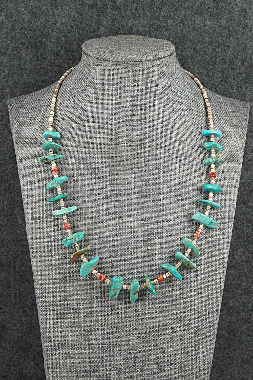 Turquoise, Spiny Oyster & Sterling Silver Necklace 19" - Helen Tsosie