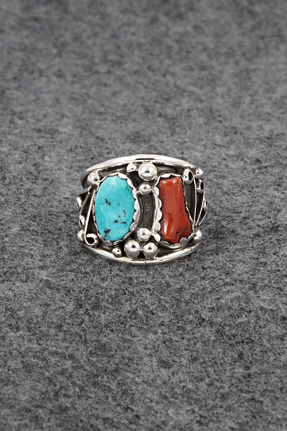 Turquoise, Coral & Sterling Silver Ring - Darrell Morgan - Size 12
