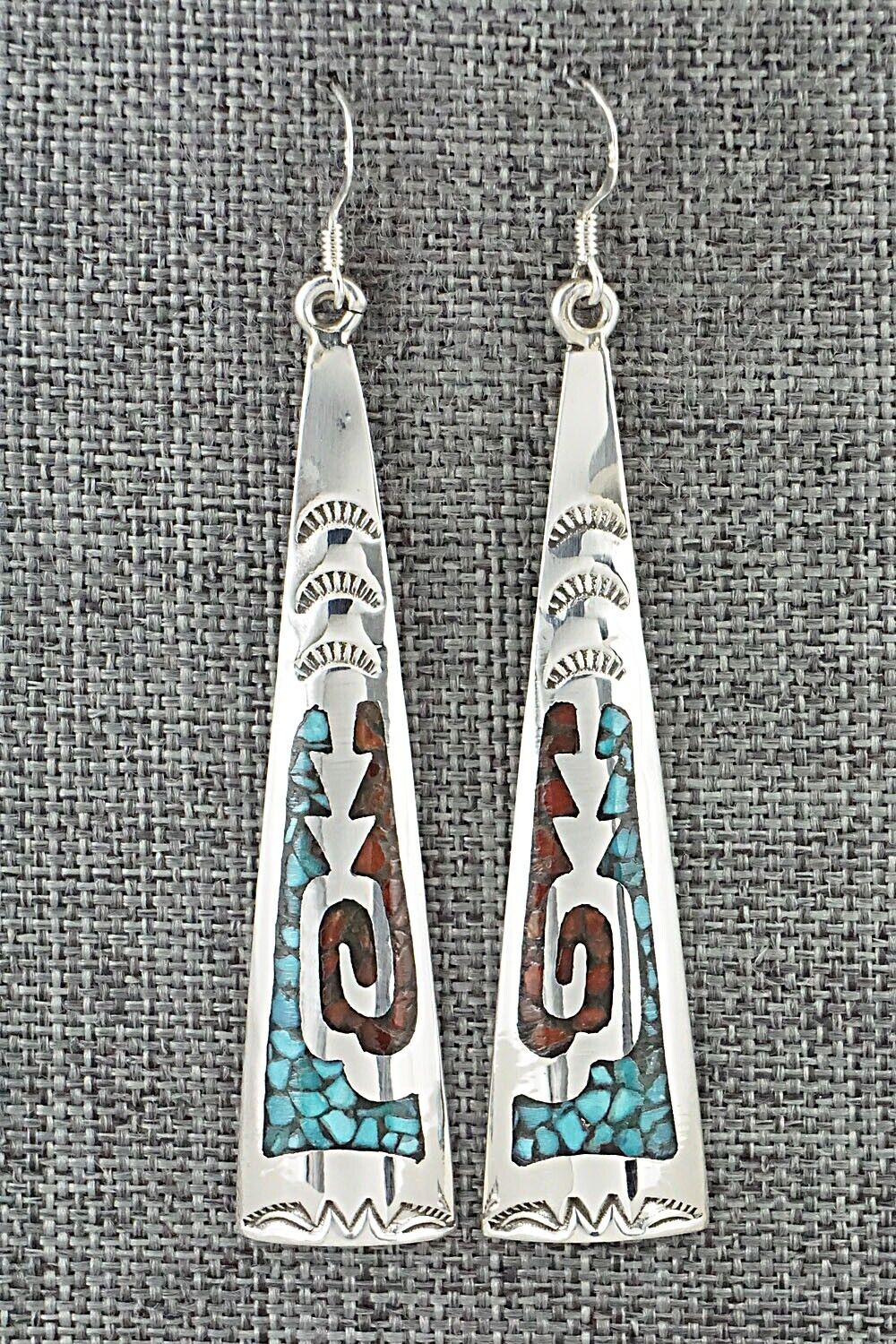Turquoise, Coral & Sterling Silver Earrings - Jolene Yazzie