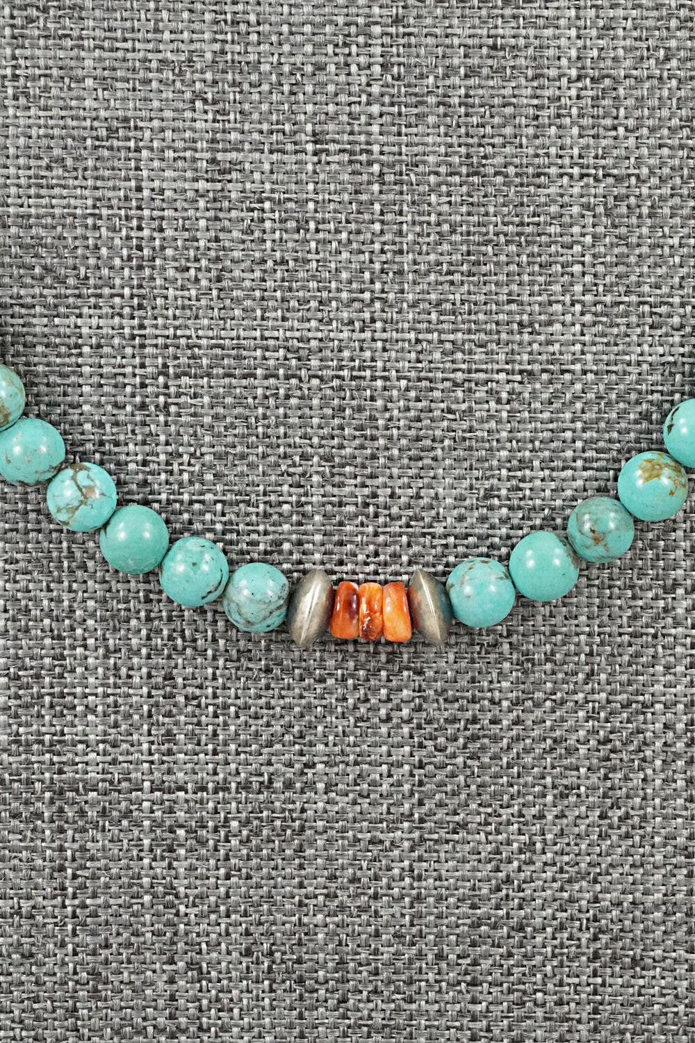 Turquoise, Spiny Oyster & Sterling Silver Necklace 20" - Doreen Jake