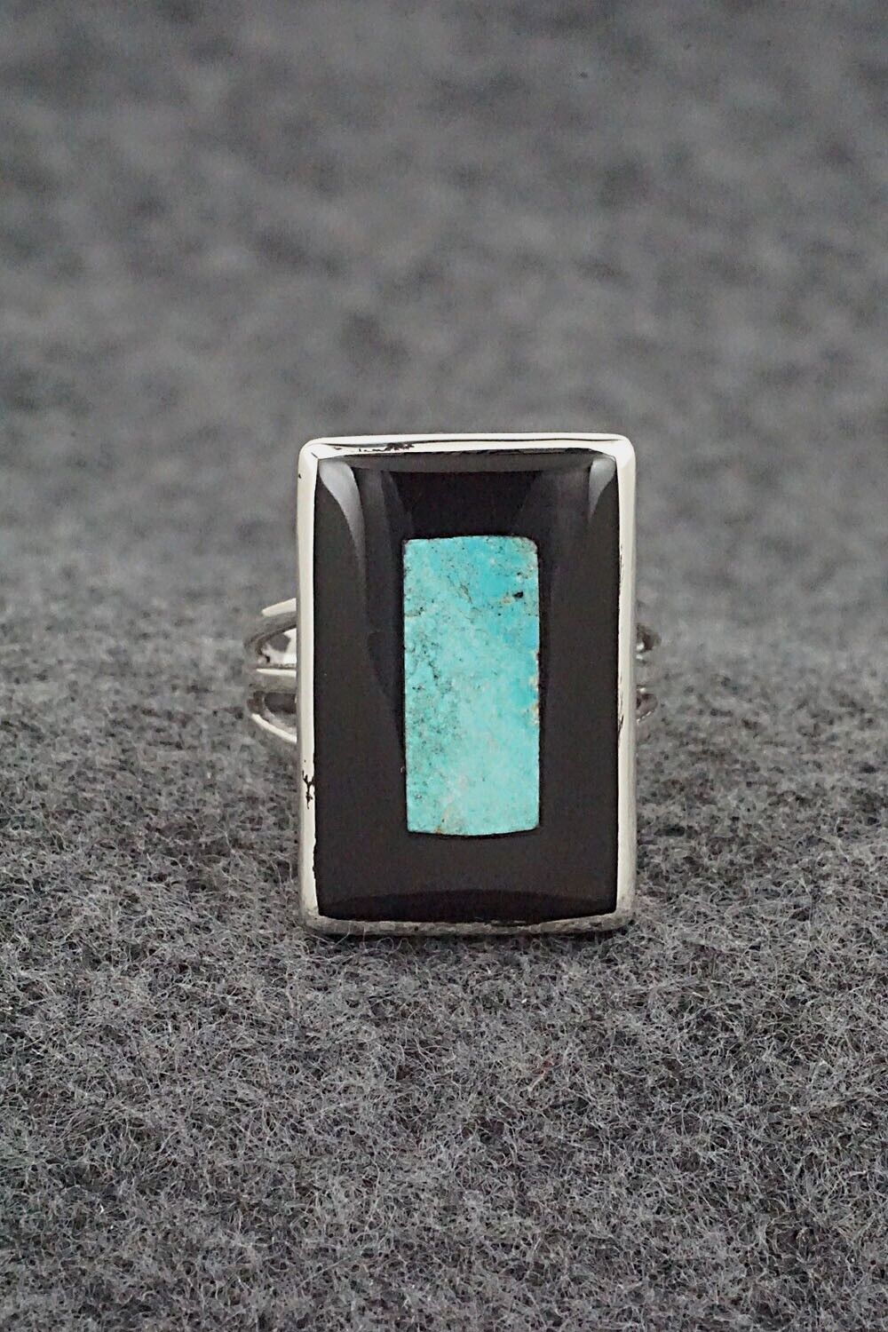 Turquoise, Onyx & Sterling Silver Ring - Harlan Coonsis - Size 7
