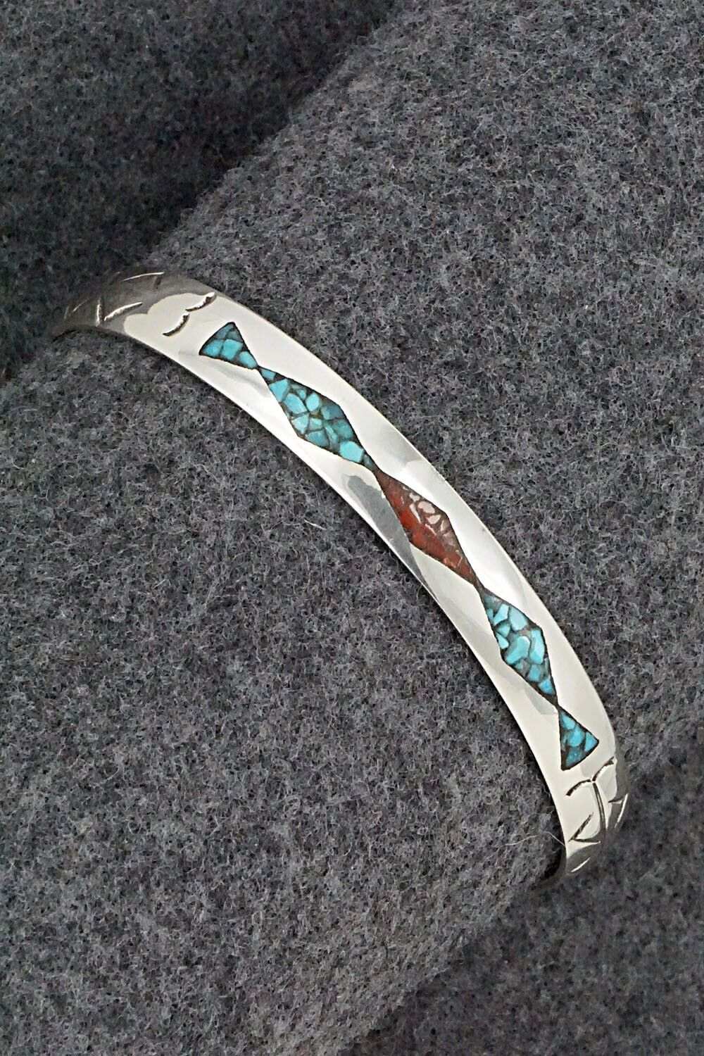 Turquoise, Coral Chip Inlay & Sterling Silver Bracelet - Joleen Yazzie