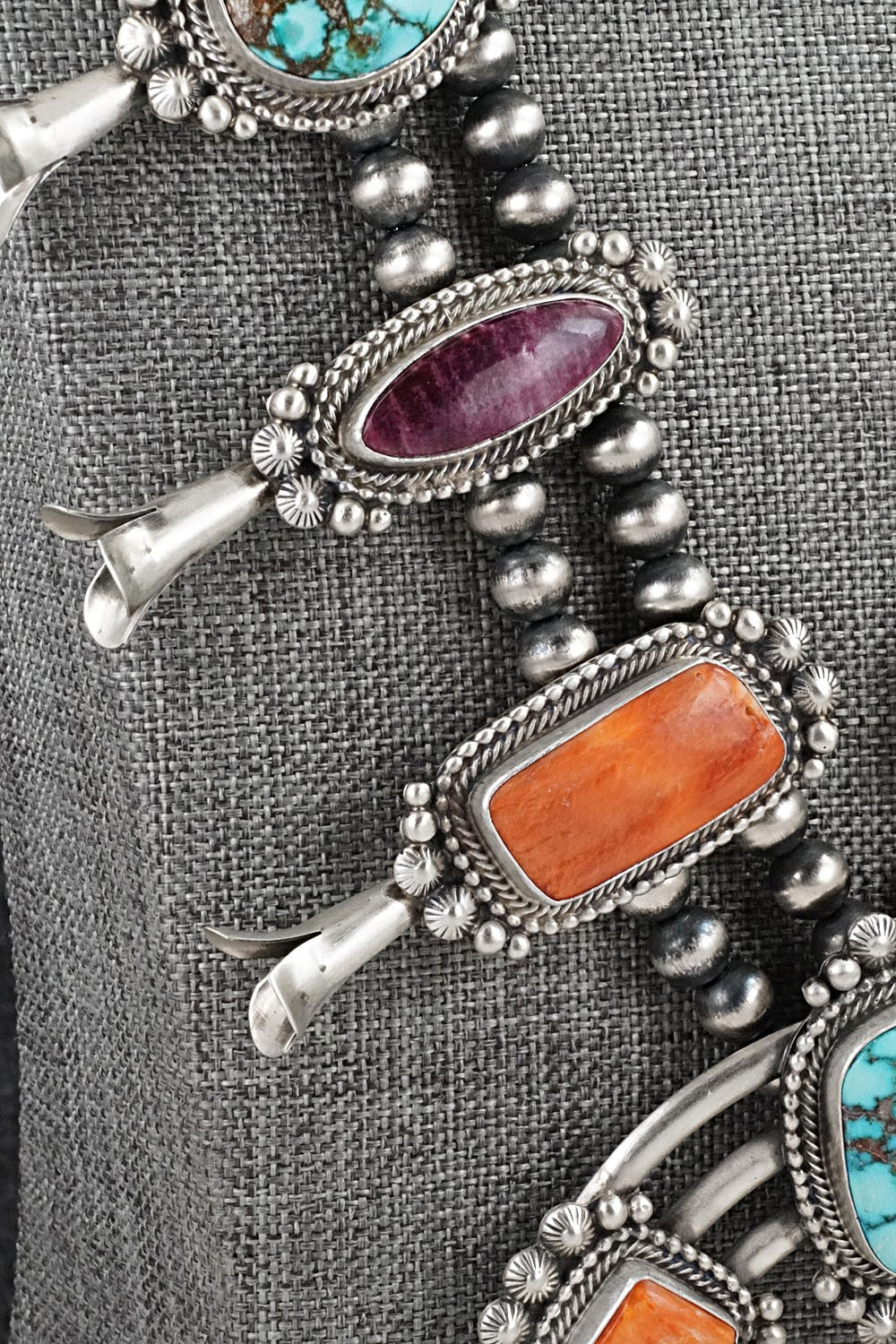 Turquoise, Spiny Oyster & Sterling Silver Squash Blossom Necklace - Tom Lewis