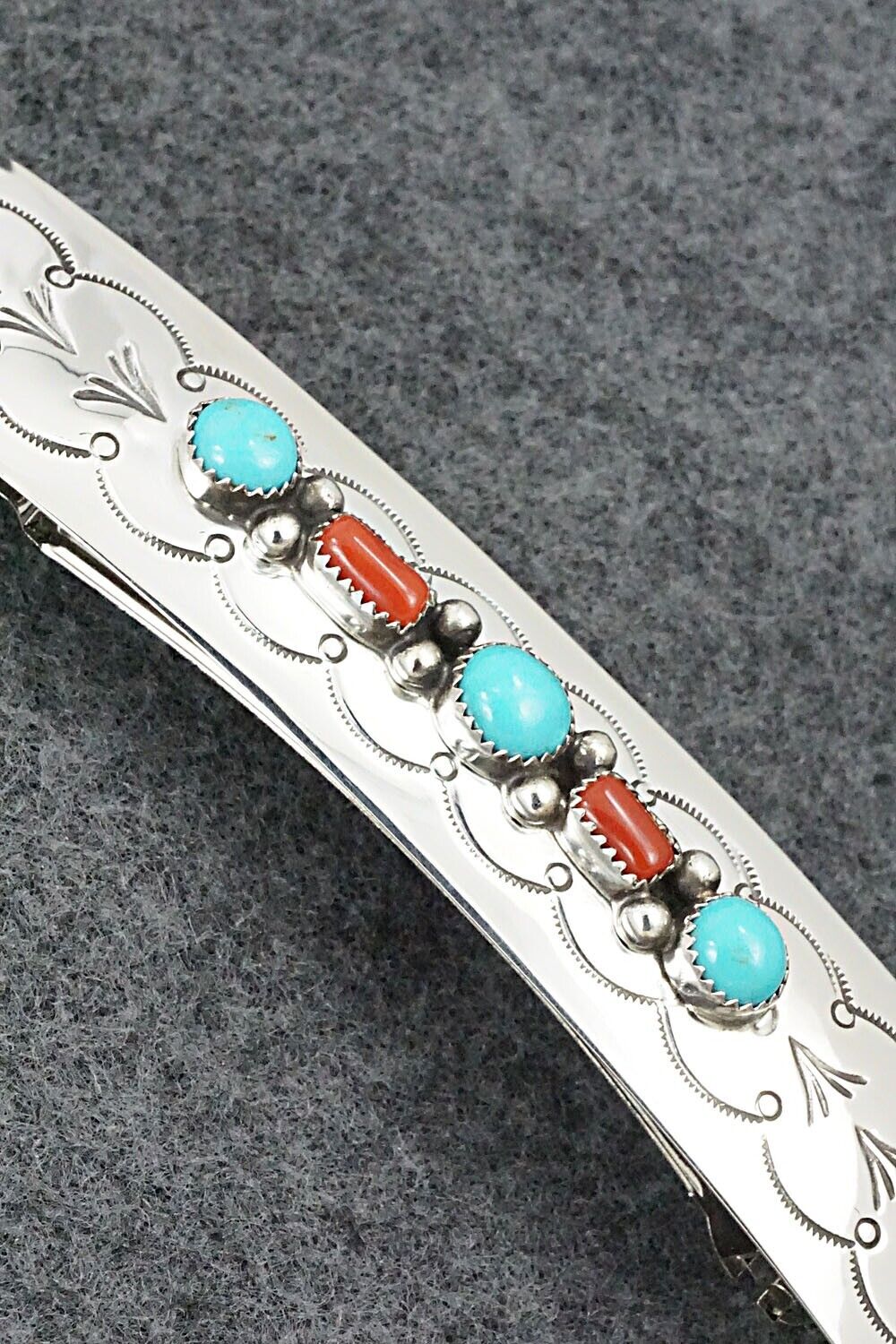 Turquoise, Coral & Sterling Silver Hair Barrette - Jolene Begay