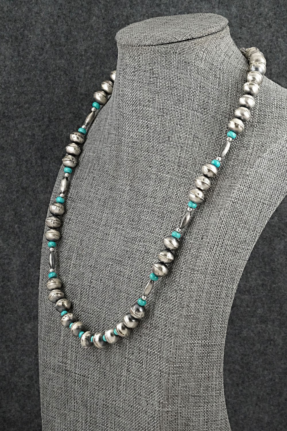 Turquoise & Sterling Silver Navajo Pearl Necklace 20" - Vintage