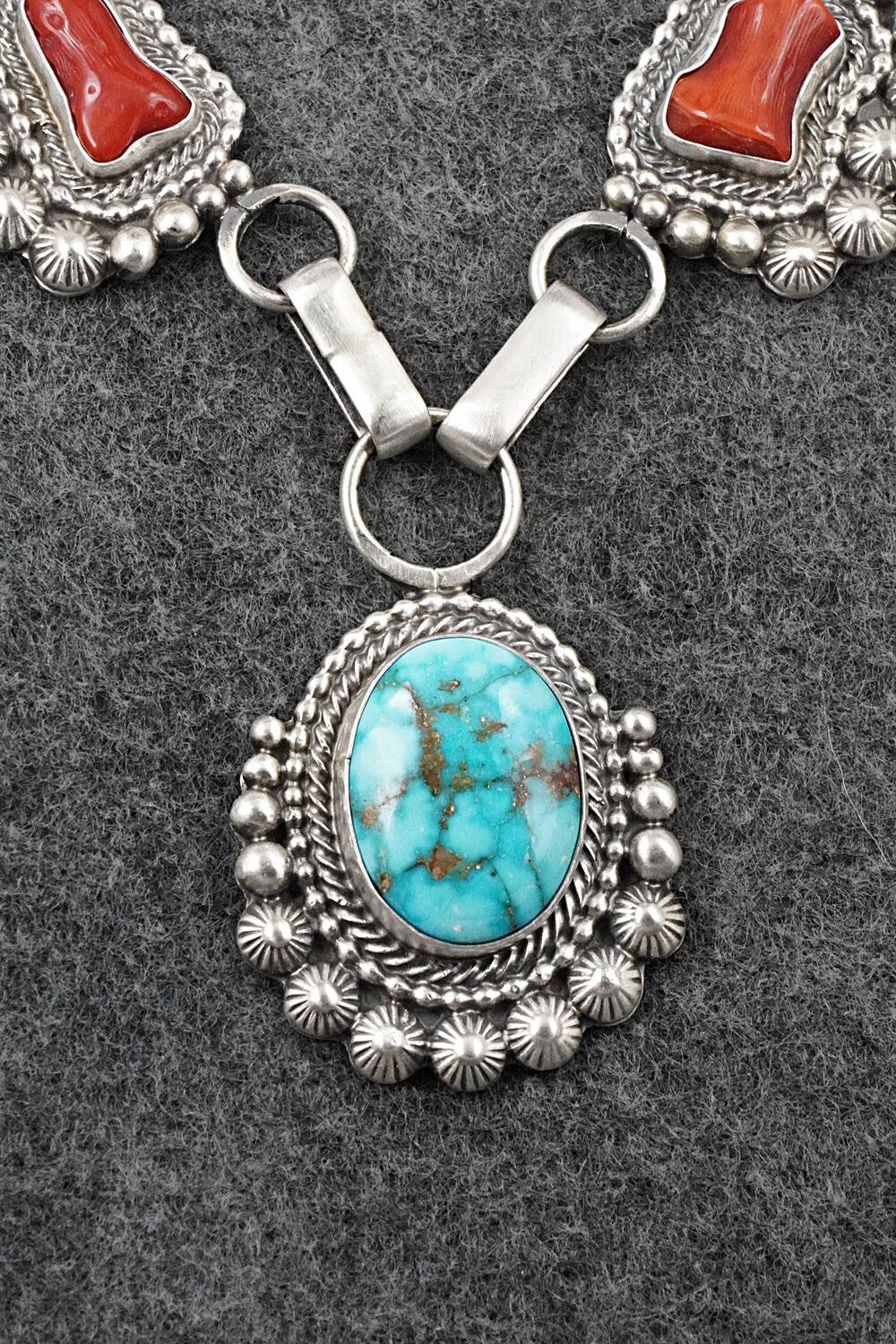 Turquoise, Coral & Sterling Silver Necklace and Earrings Set - Tom Lewis