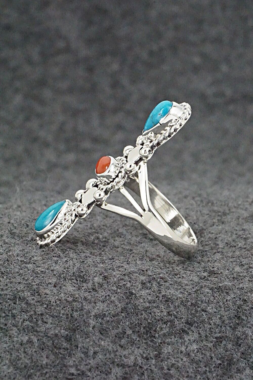 Turquoise, Coral & Sterling Silver Ring - Andrew Vandever - Size 9
