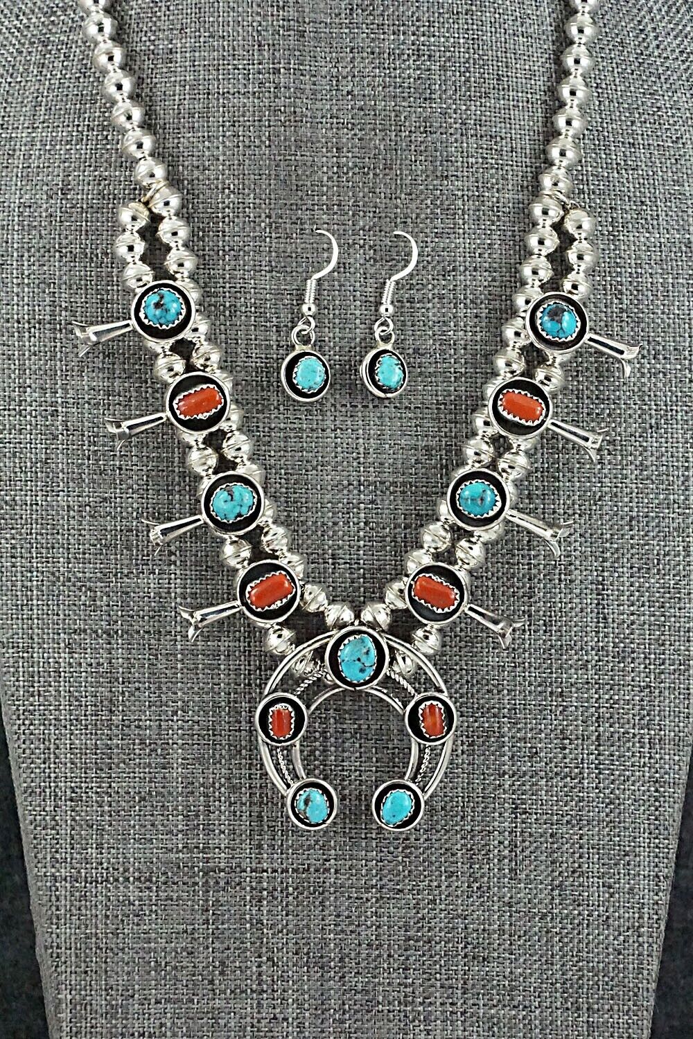 Turquoise, Coral & Sterling Silver Mini Squash Blossom Set - Phil Garcia
