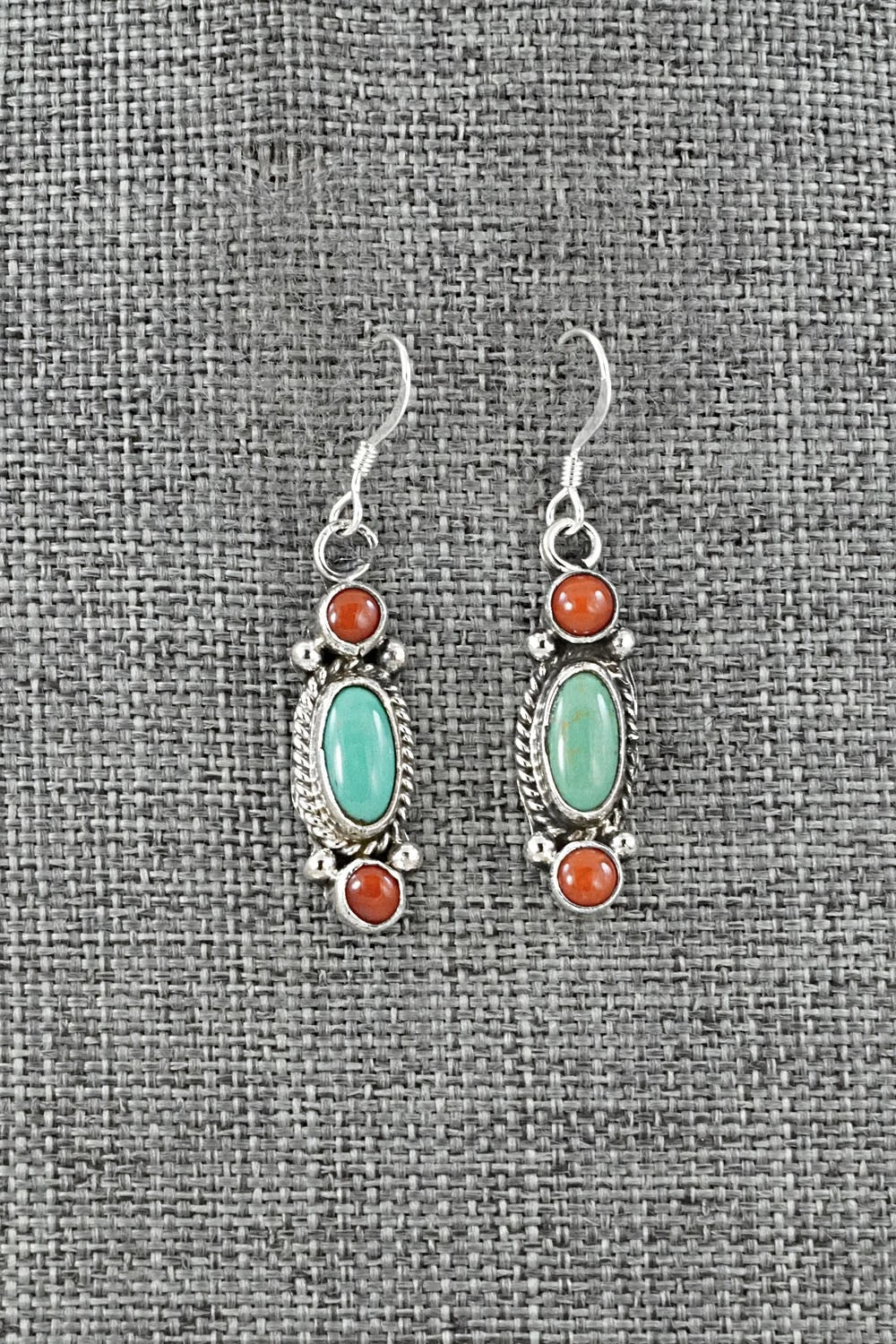 Turquoise, Coral & Sterling Silver Earrings - Verley Betone