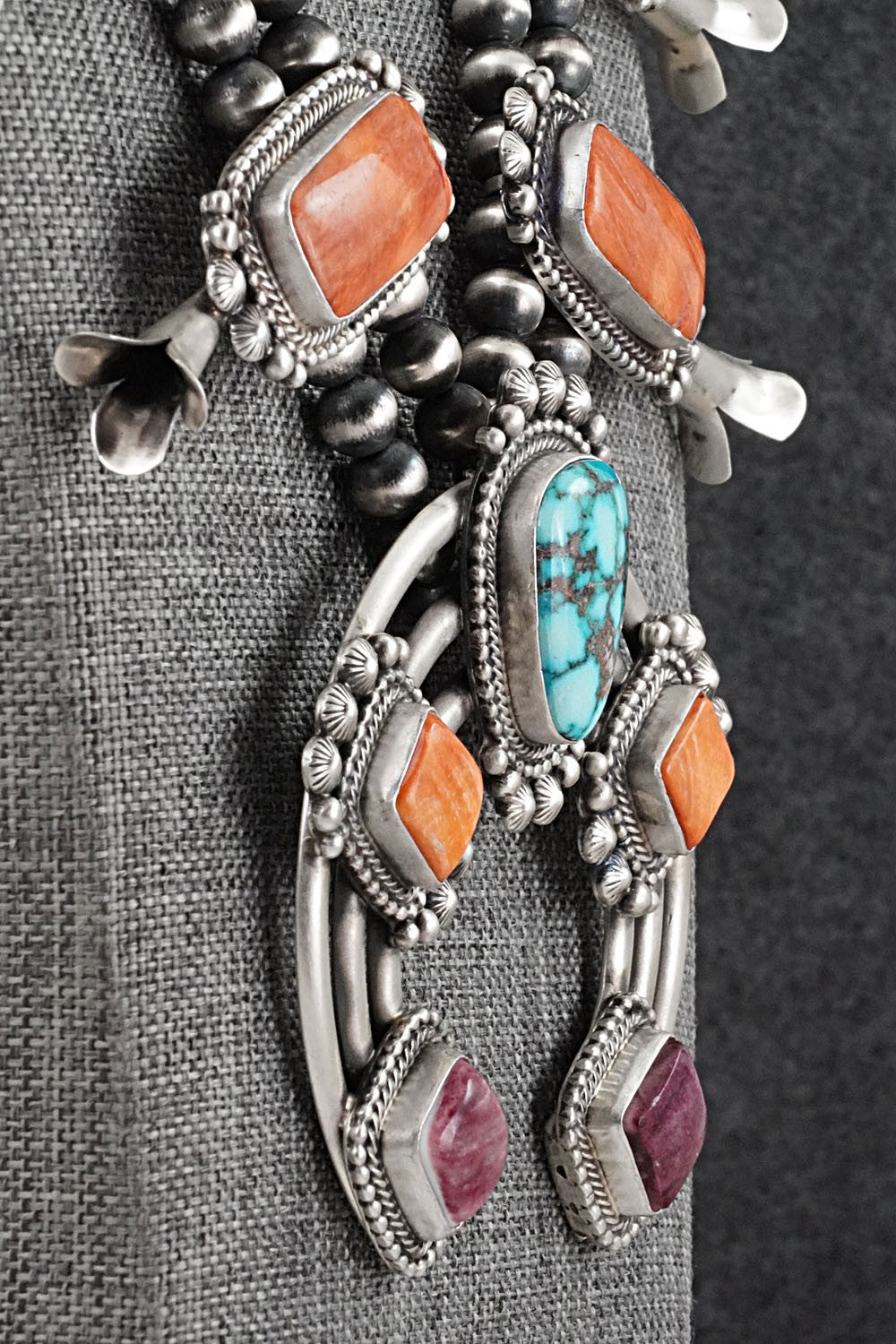 Turquoise, Spiny Oyster & Sterling Silver Squash Blossom Necklace - Tom Lewis