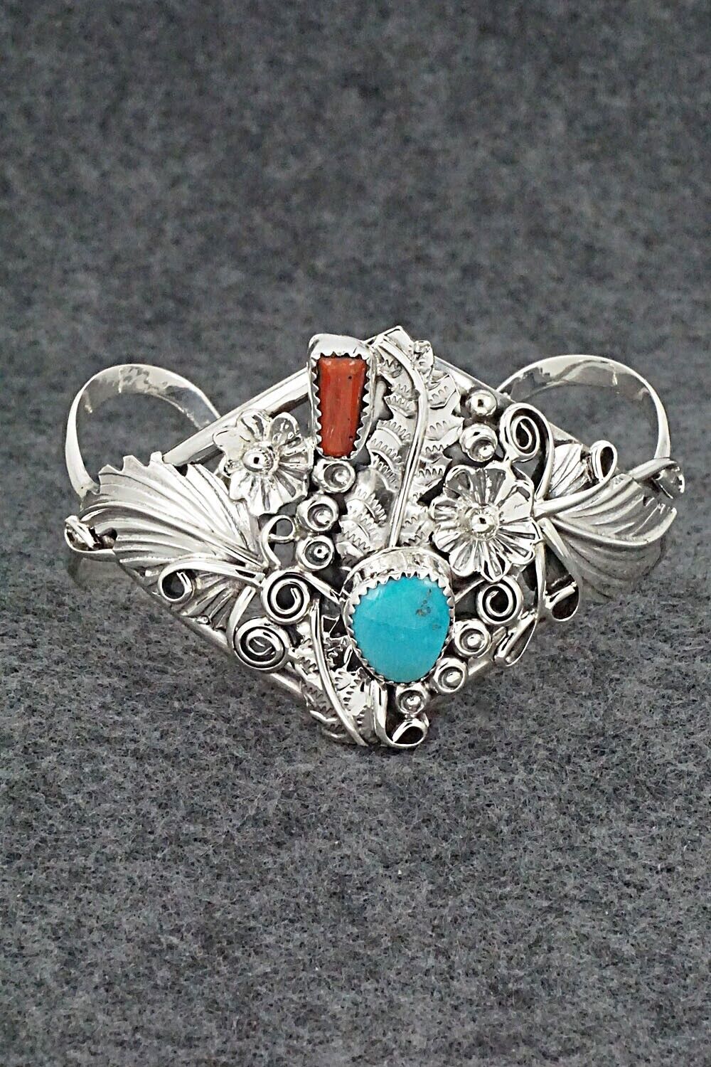 Turquoise, Coral & Sterling Silver Bracelet - Harry B. Yazzie
