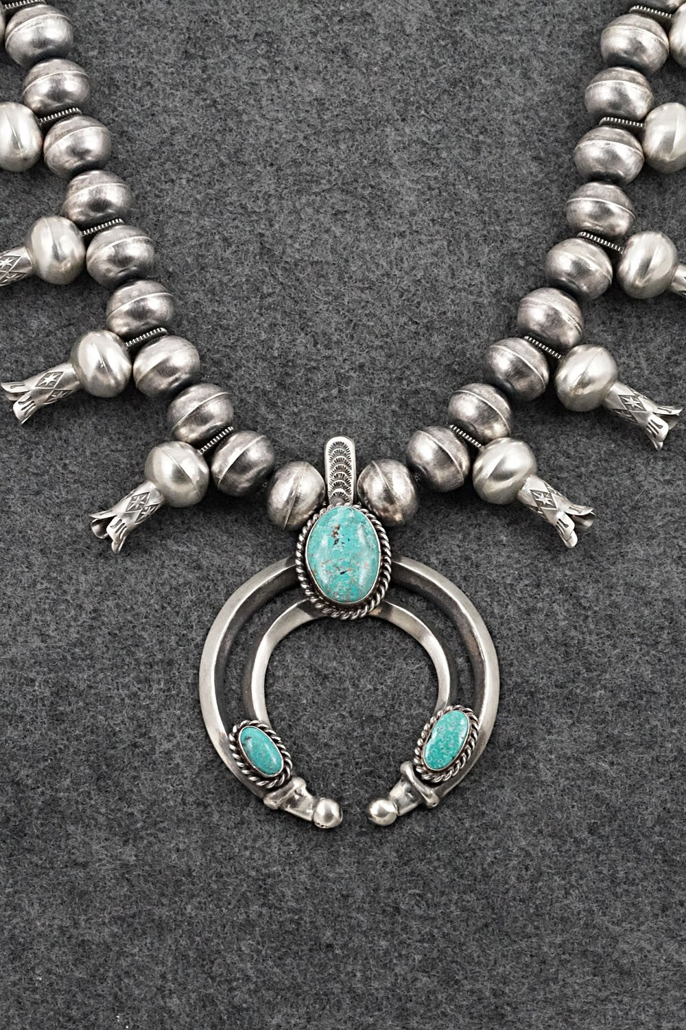 Turquoise & Sterling Silver Navajo Pearl Squash Blossom Necklace - Chris Hale
