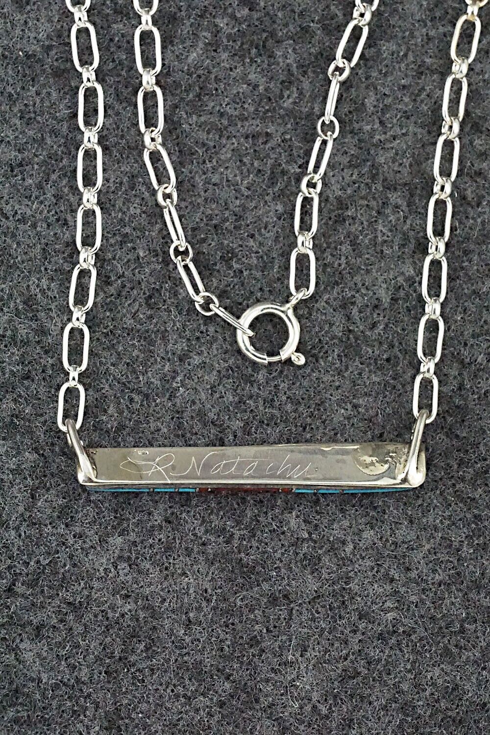 Turquoise, Coral & Sterling Silver Inlay Necklace - Roland Natachu