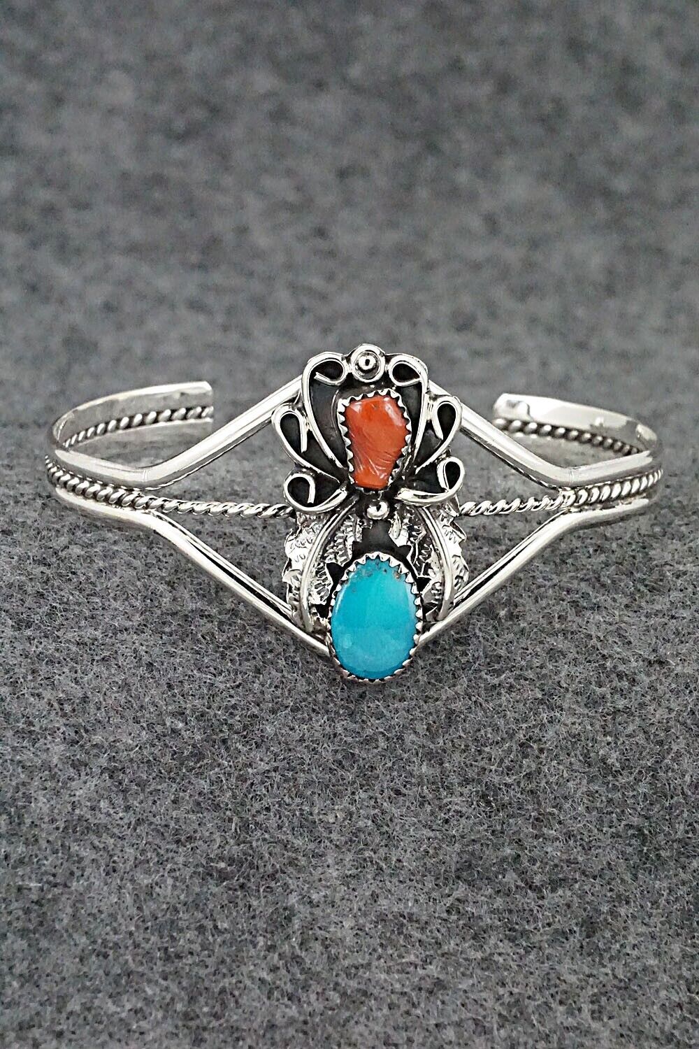 Turquoise, Coral & Sterling Silver Bracelet - Harry B. Yazzie