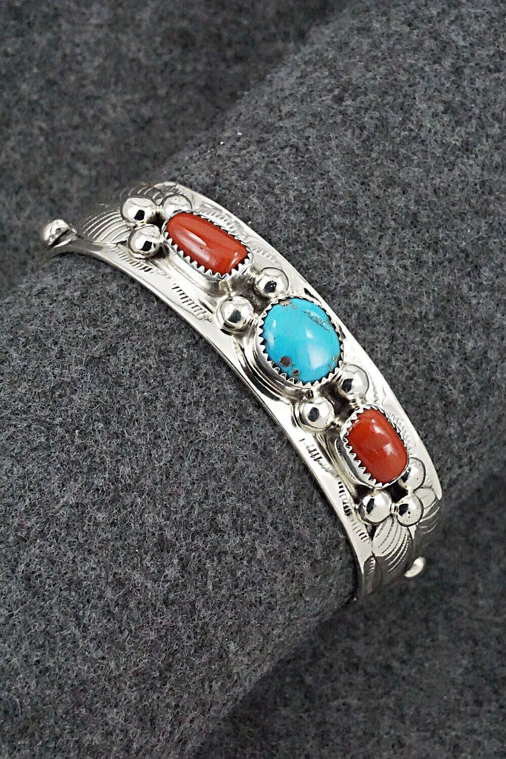 Turquoise, Coral & Sterling Silver Bracelet - Wilbur Myers