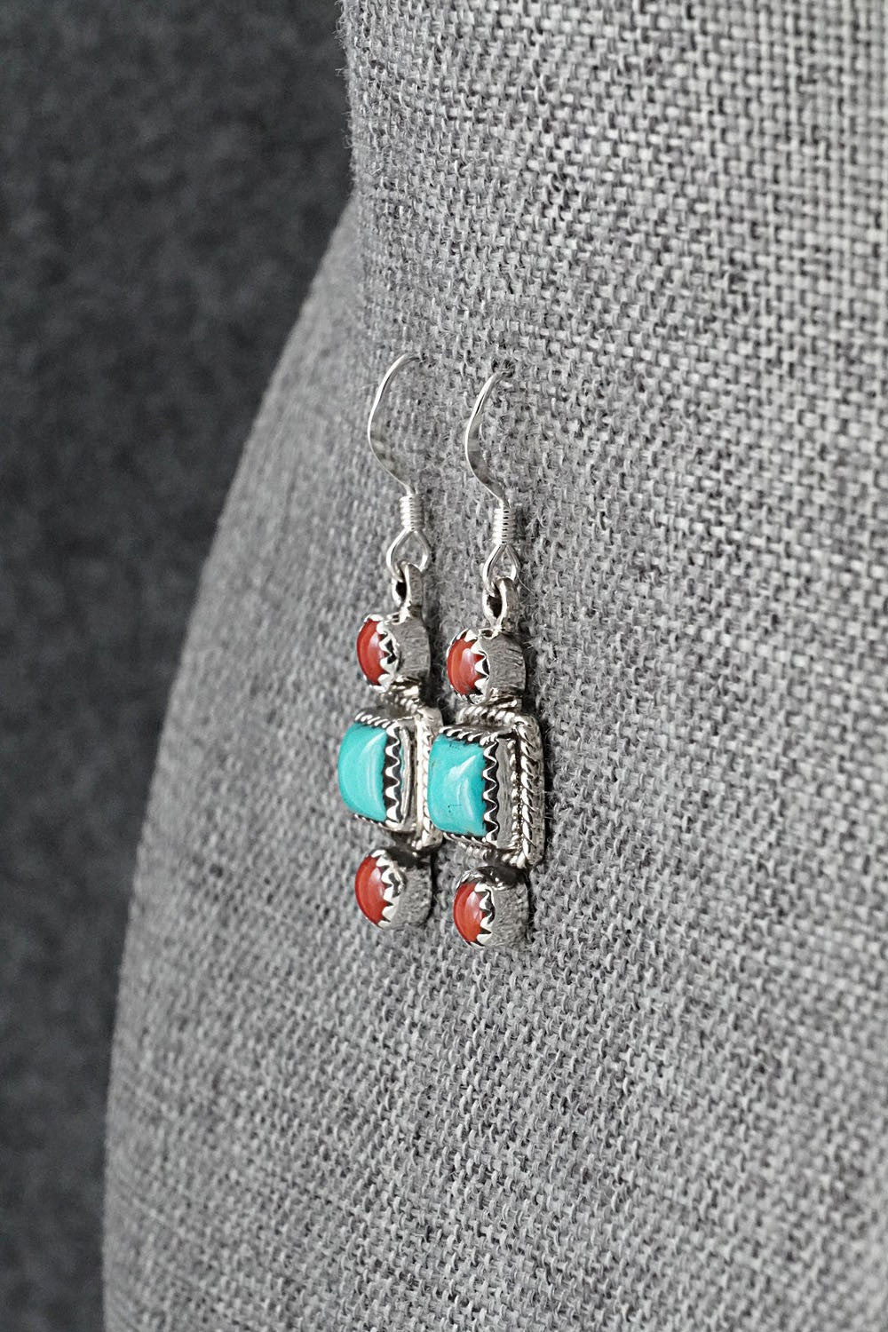 Turquoise, Coral & Sterling Silver Earrings - Gary Shorty