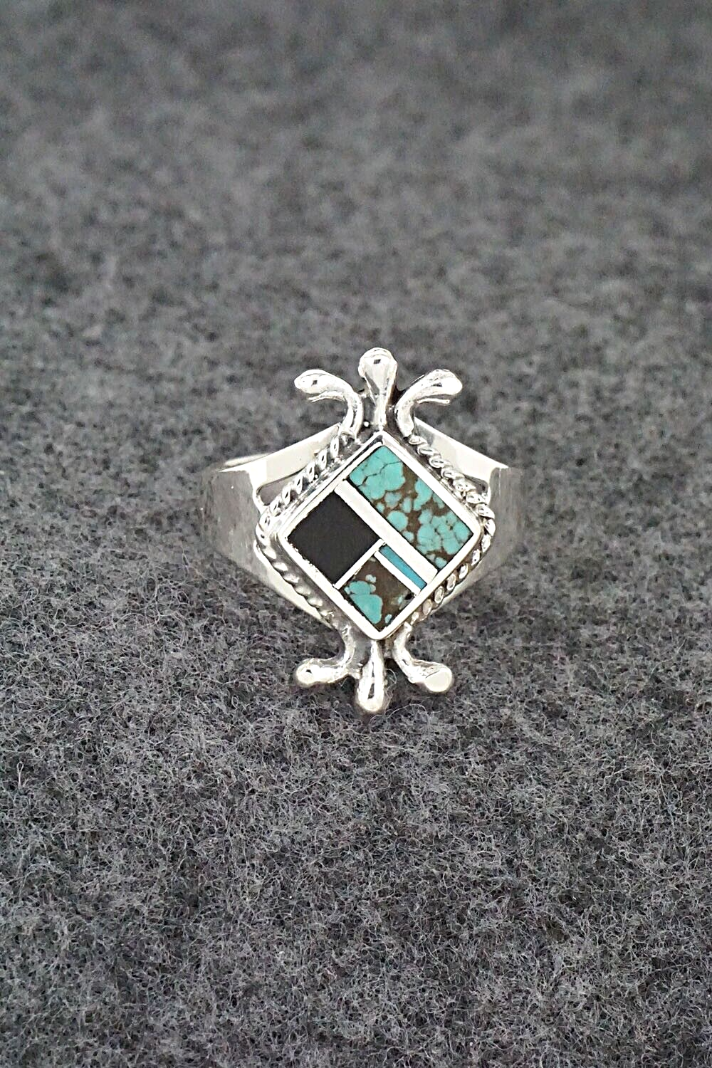 Turquoise, Onyx & Sterling Silver Inlay Ring - James Manygoats - Size 7.5