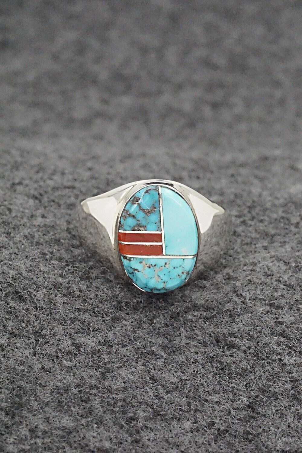 Turquoise, Coral & Sterling Silver Ring - Patrick Lincoln - Size 9.5