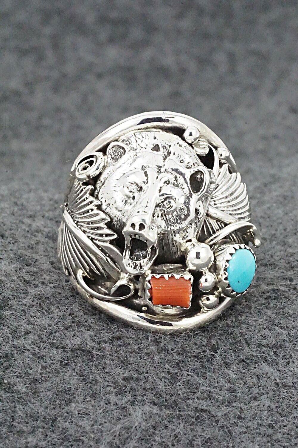 Turquoise, Coral & Sterling Silver Ring - Jeannette Saunders - Size 11