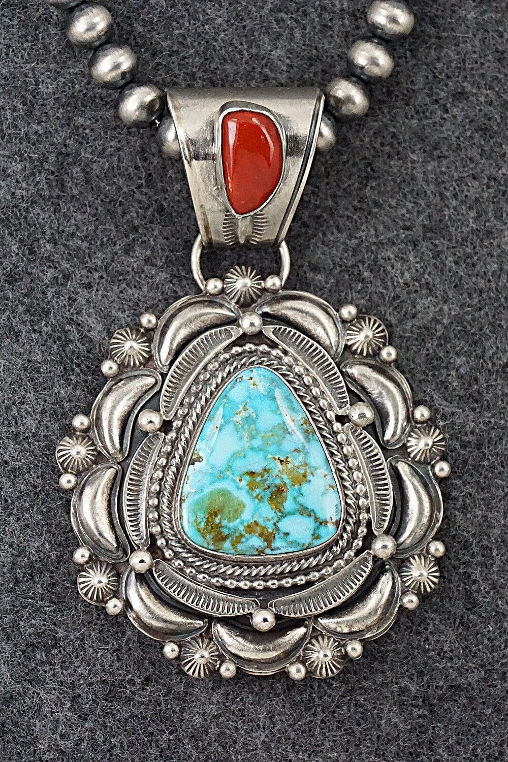Turquoise, Coral & Sterling Silver Necklace - Tom Lewis