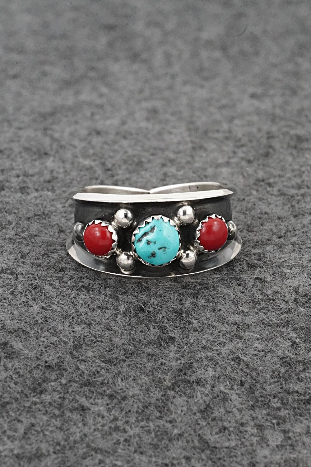 Turquoise, Coral & Sterling Silver Ring - Paul Largo - Size 12