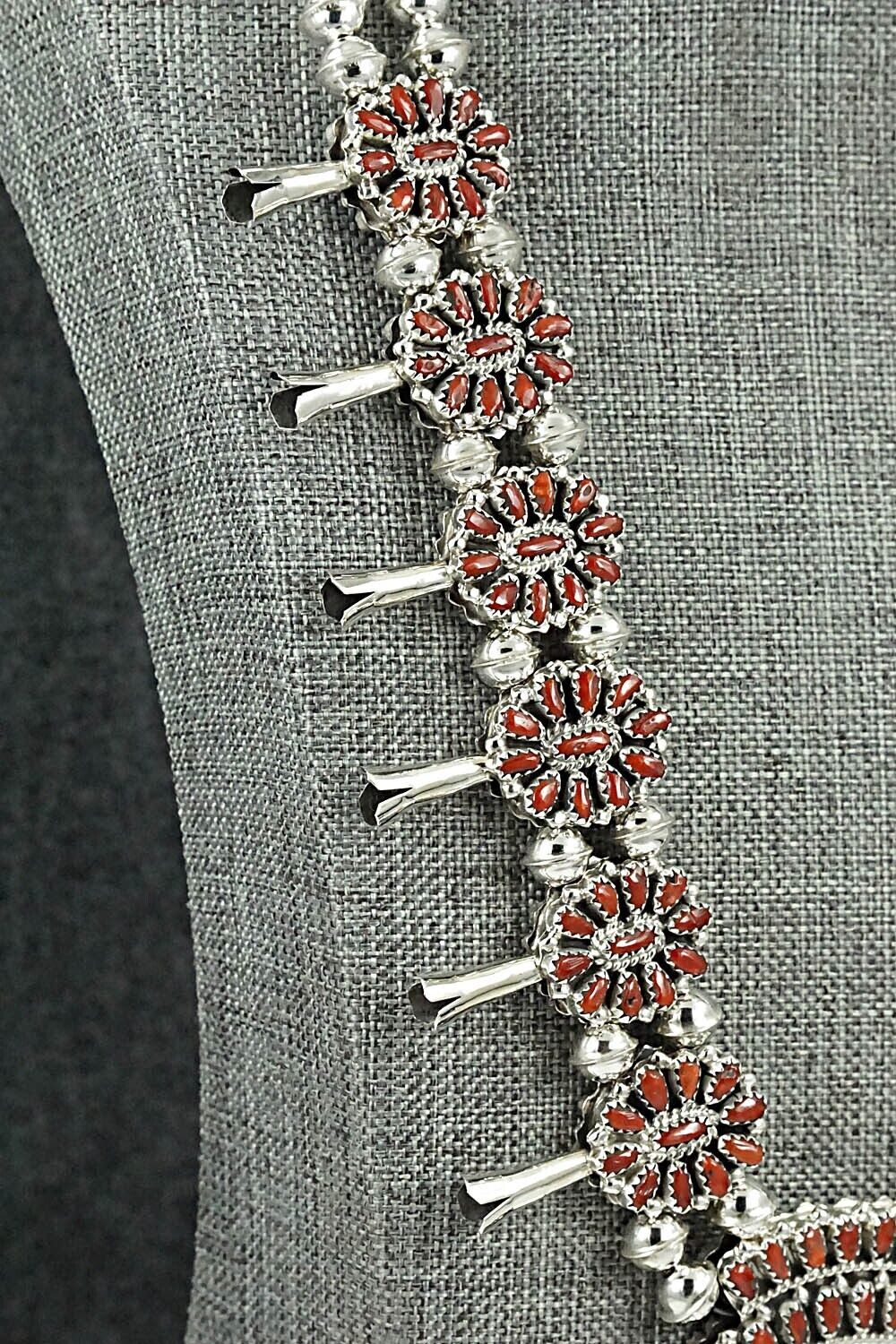 Turquoise, Coral & Sterling Silver Squash Blossom Set - Elton Jones