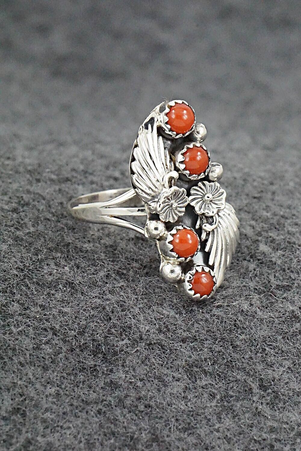 Coral & Sterling Silver Ring - Alice Rose Saunders - Size 8.25